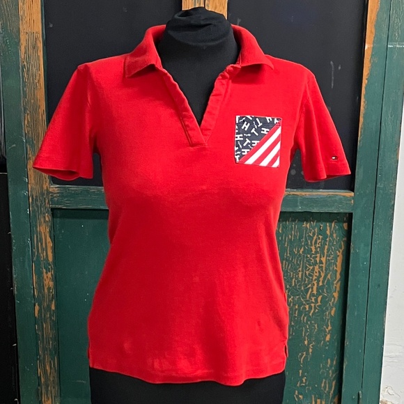 Tommy Hilfiger Red Polo Collar Top, Size Small Petite - Picture 1 of 7